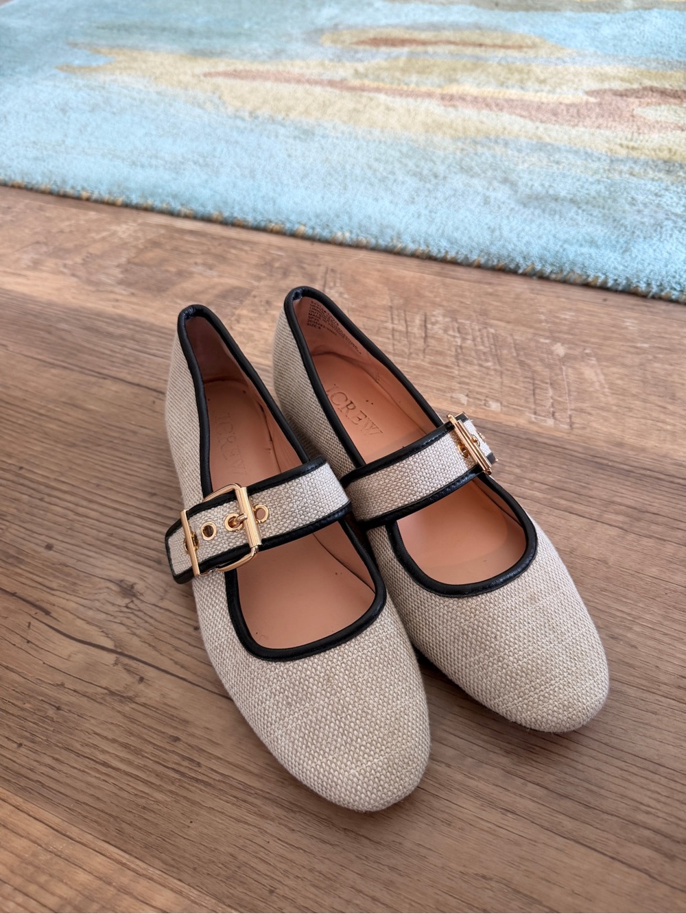 J. Crew Beige Woven Mary Janes with Black Trim and Gold Buckle